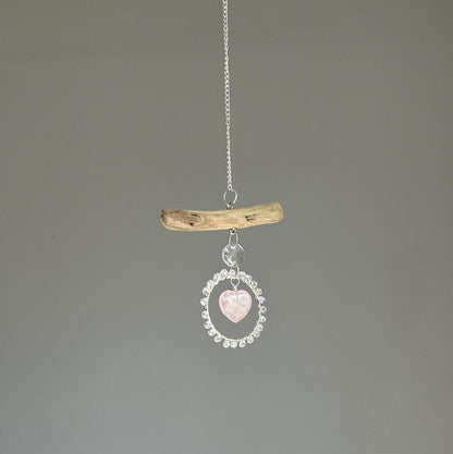 Rose Quartz Heart & Driftwood Suncatcher