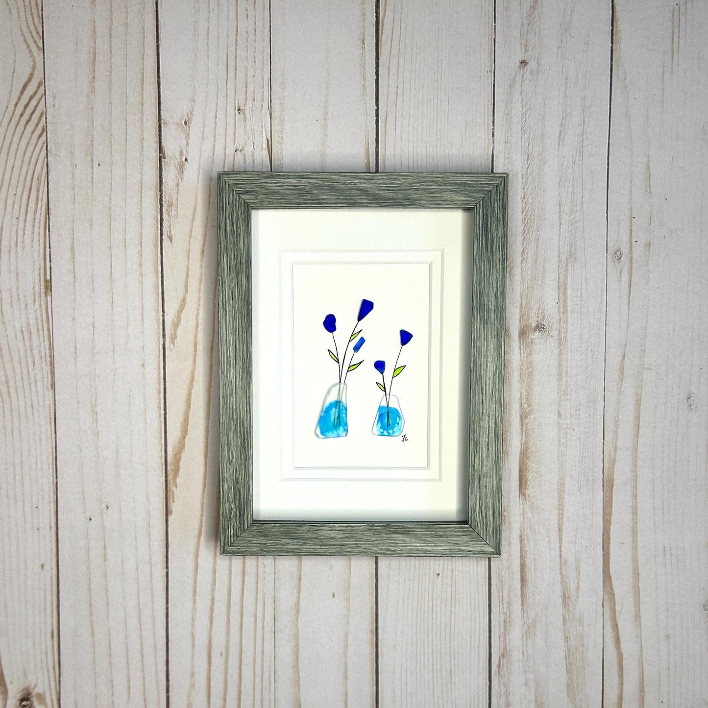 Sea Glass Flowers in Vases - Framed Shadowbox Artwork - 5x7