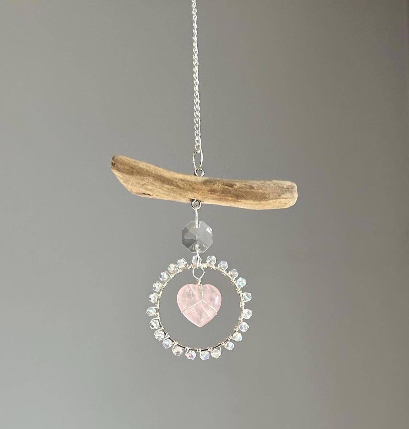 Rose Quartz Heart & Driftwood Suncatcher