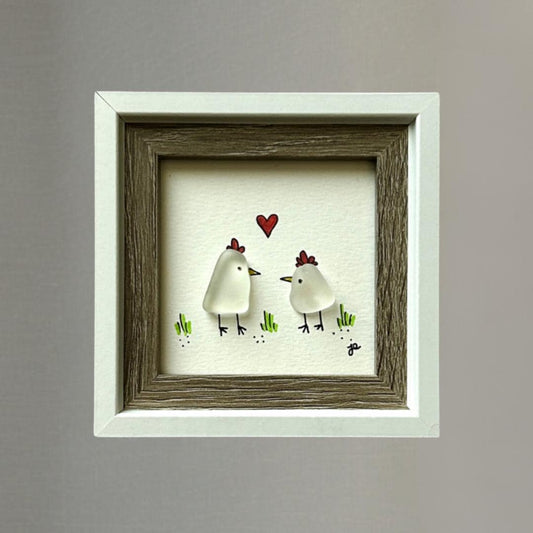 Sea Glass Chickens - Framed Mini Artwork - 3x3
