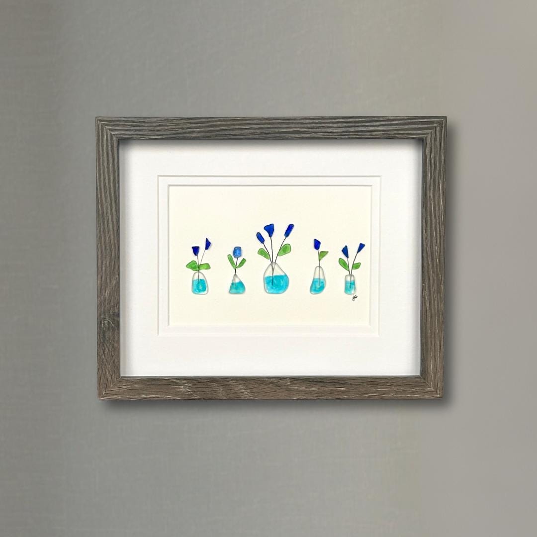 Sea Glass Flowers in Vases - Framed Shadowbox Artwork - 8x10