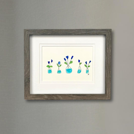 Sea Glass Flowers in Vases - Framed Shadowbox Artwork - 8x10