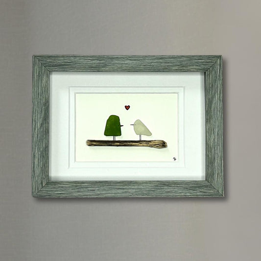 Sea Glass Love Birds - Framed Shadowbox Artwork - 5x7
