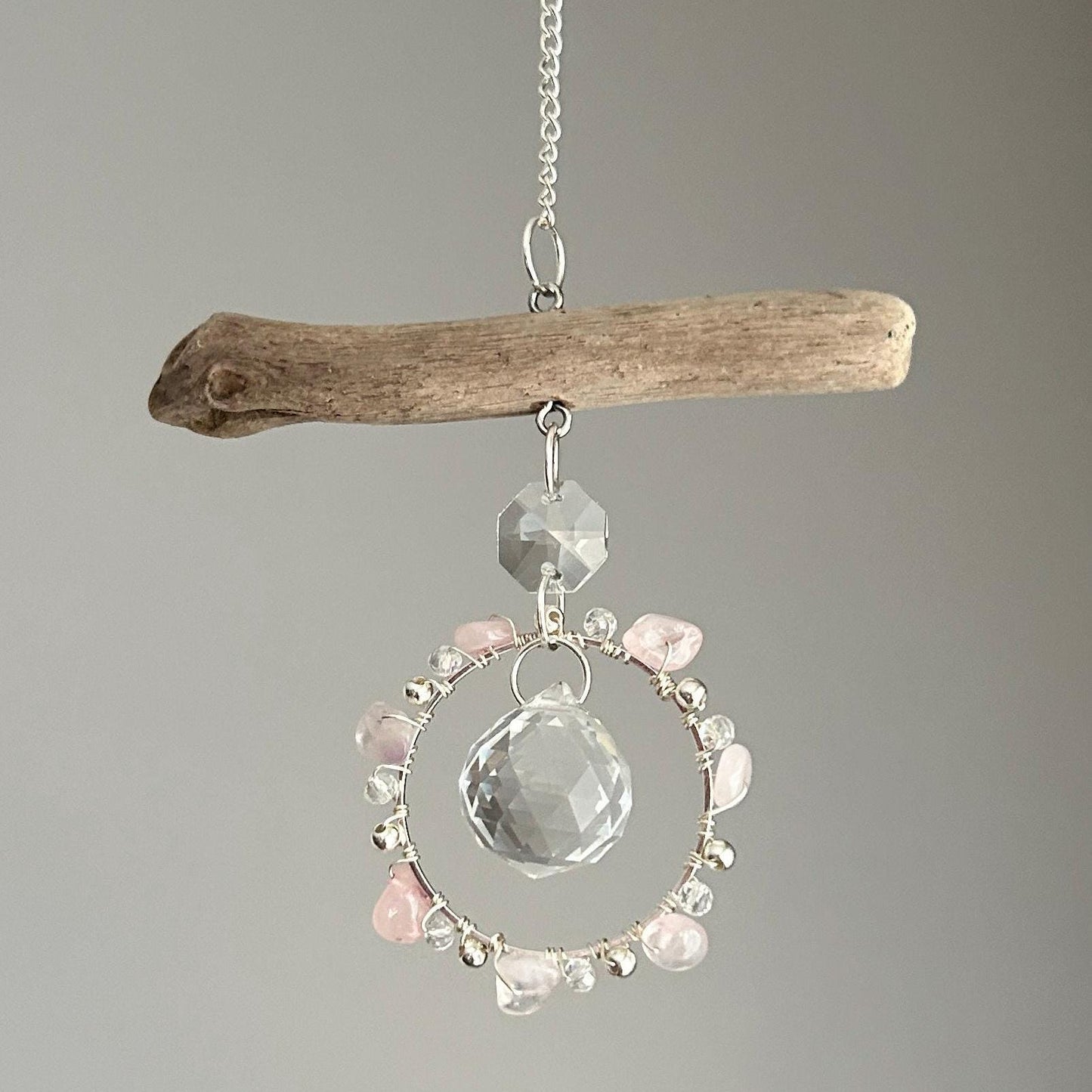 Rose Quartz & Driftwood Prism Suncatcher