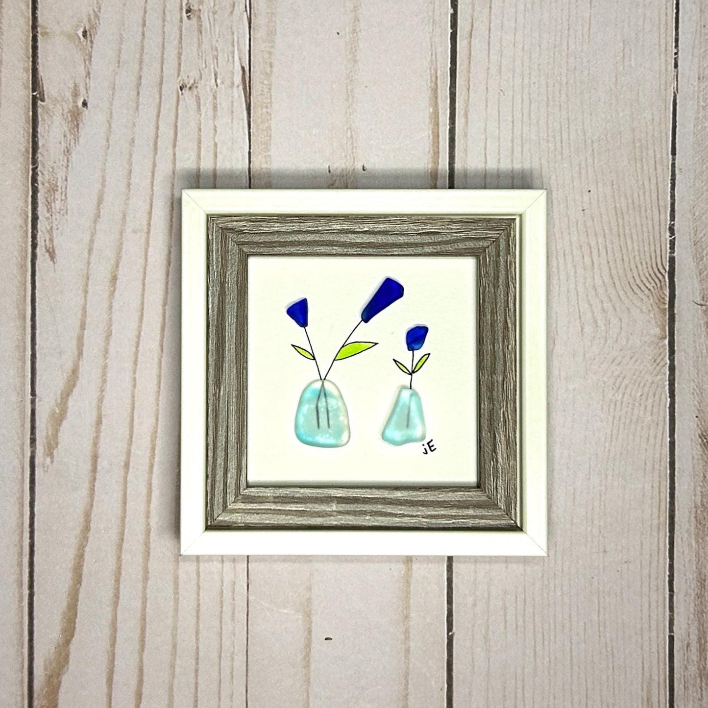Blue Sea Glass Flowers in Vases - Framed Mini Artwork - 3x3