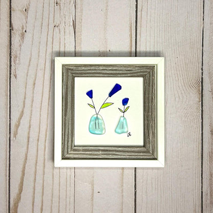 Blue Sea Glass Flowers in Vases - Framed Mini Artwork - 3x3