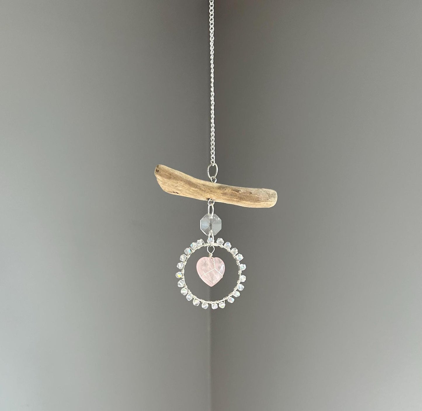 Rose Quartz Heart & Driftwood Suncatcher