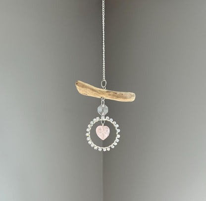 Rose Quartz Heart & Driftwood Suncatcher