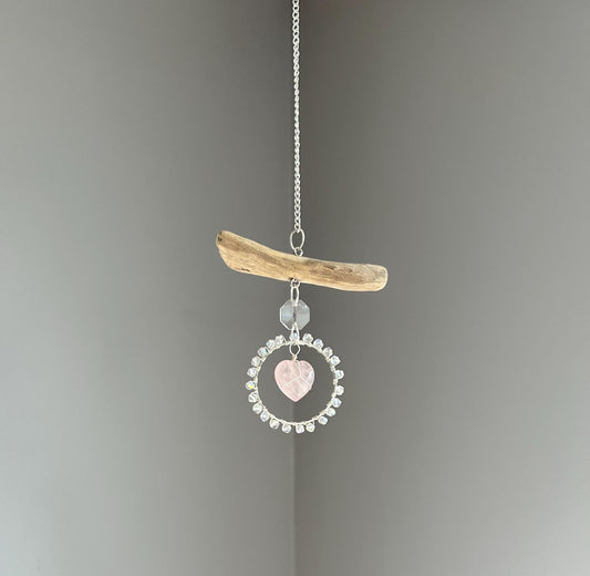 Rose Quartz Heart & Driftwood Suncatcher