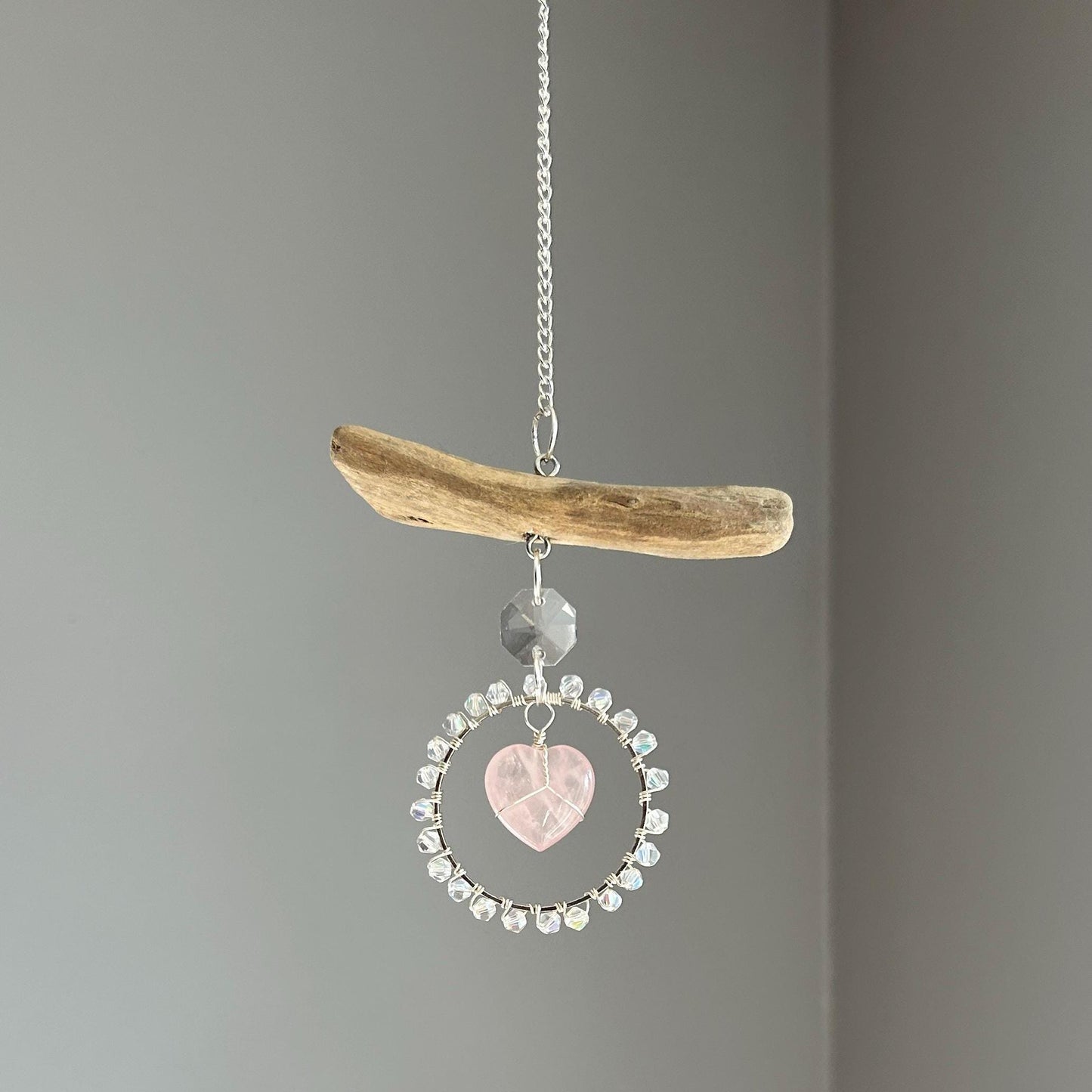 Rose Quartz Heart & Driftwood Suncatcher