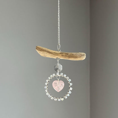 Rose Quartz Heart & Driftwood Suncatcher