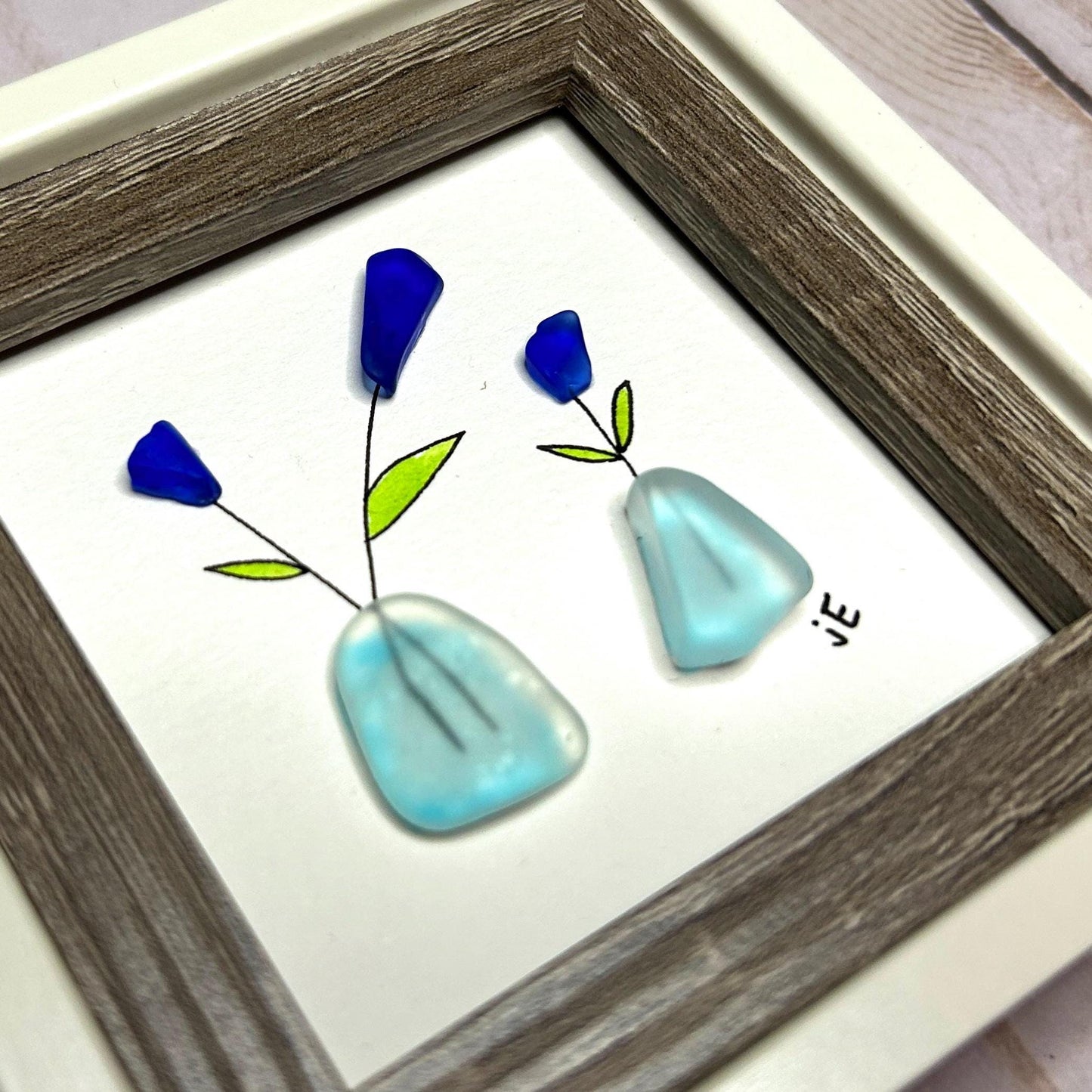Blue Sea Glass Flowers in Vases - Framed Mini Artwork - 3x3