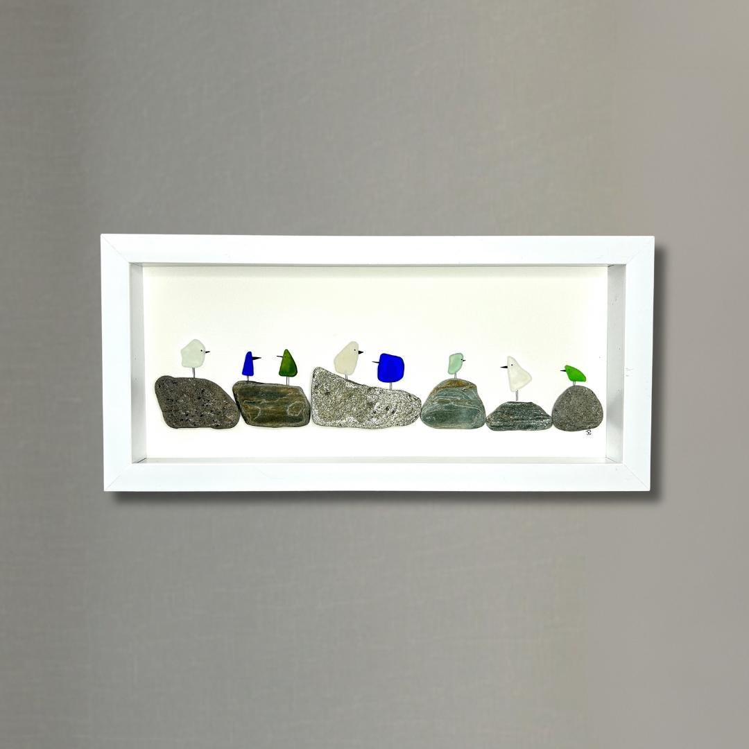 Sea Glass Birds on Pebbles - 6-in x 14-in