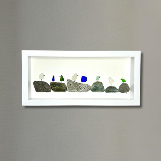Sea Glass Birds on Pebbles - 6-in x 14-in