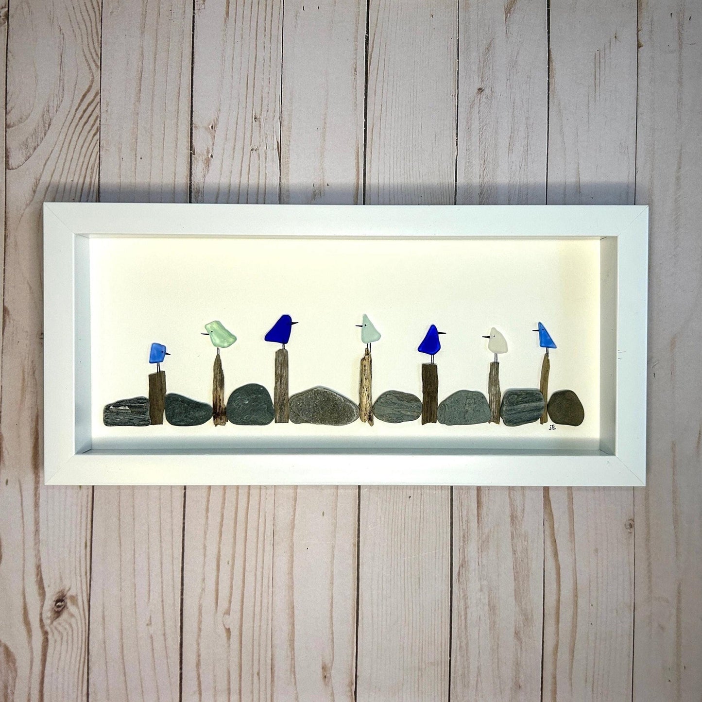 Colorful Sea Glass Birds on Driftwood Posts - 6-in x 14-in