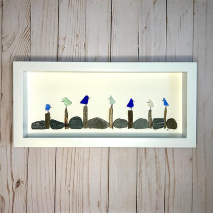 Colorful Sea Glass Birds on Driftwood Posts - 6-in x 14-in