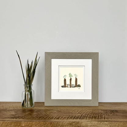 Sea Glass Birds on Posts - Framed Artwork - 8x8