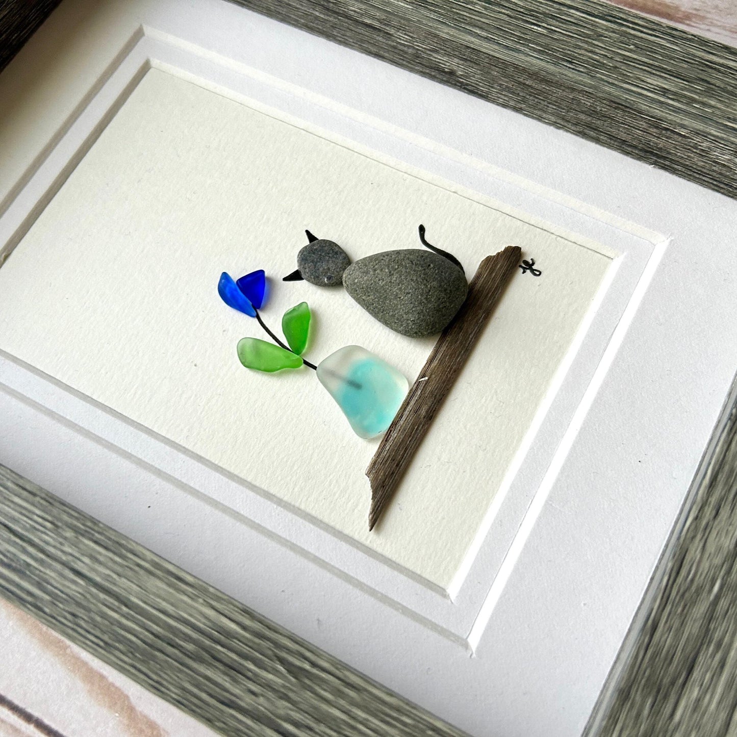 Beach Pebble Cat and Sea Glass Flower - Framed Shadowbox Artwork - 5x7
