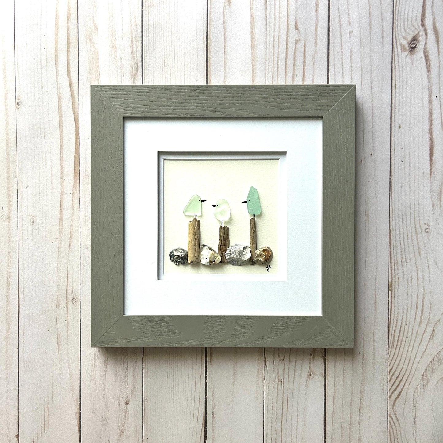 Sea Glass Birds on Posts - Framed Artwork - 8x8