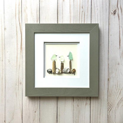 Sea Glass Birds on Posts - Framed Artwork - 8x8