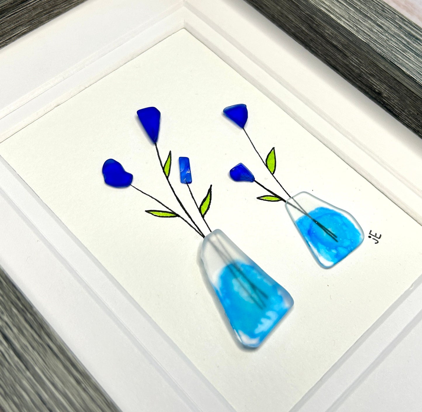 Sea Glass Flowers in Vases - Framed Shadowbox Artwork - 5x7