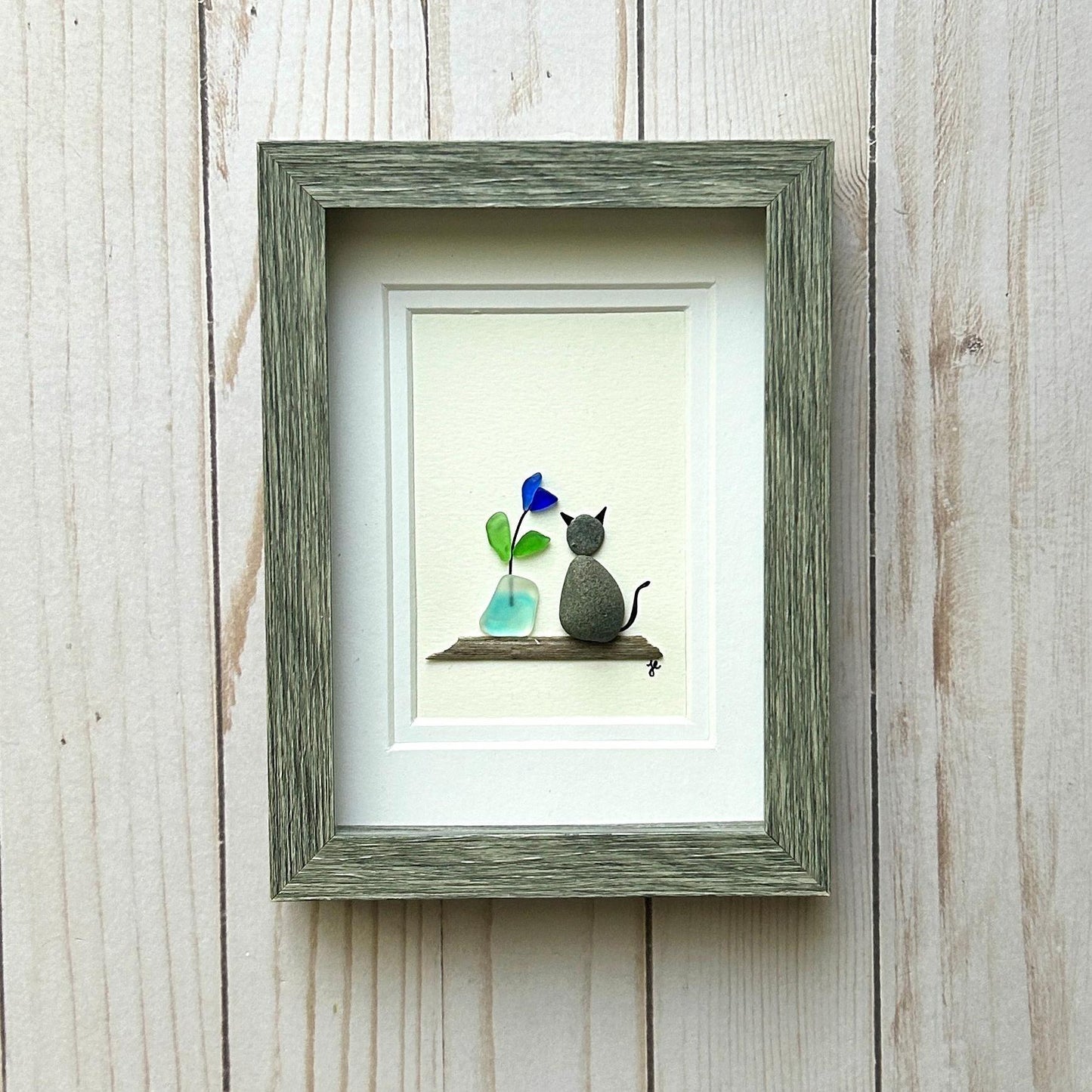 Beach Pebble Cat and Sea Glass Flower - Framed Shadowbox Artwork - 5x7