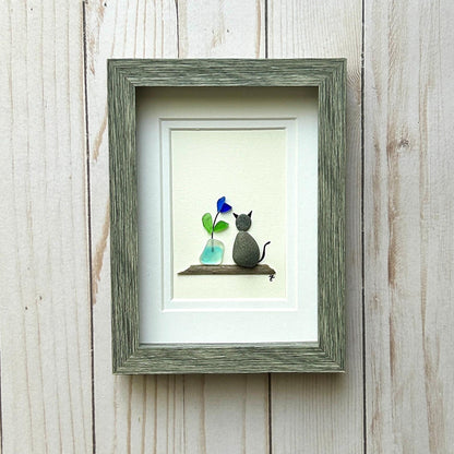 Beach Pebble Cat and Sea Glass Flower - Framed Shadowbox Artwork - 5x7