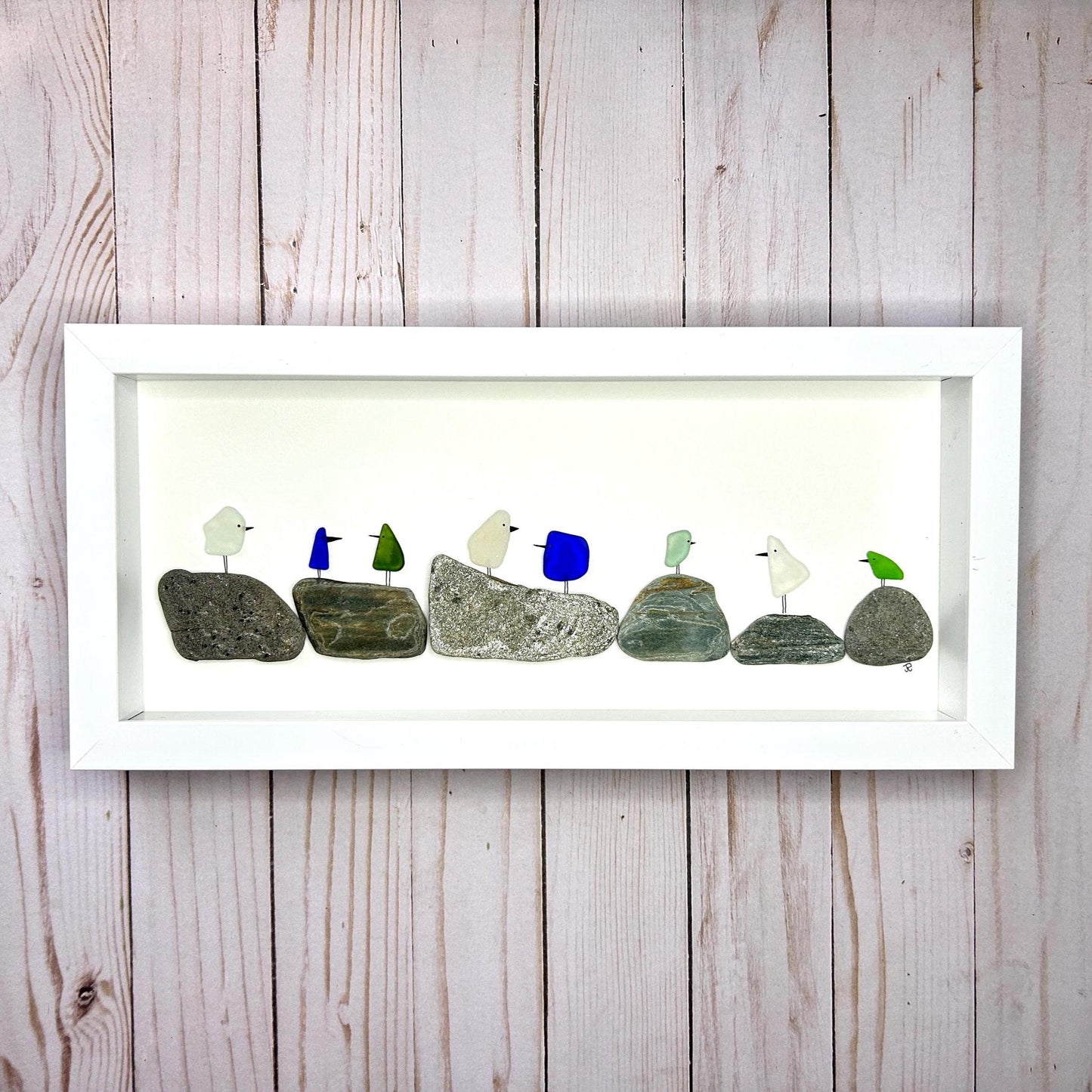 Sea Glass Birds on Pebbles - 6-in x 14-in