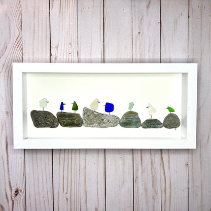 Sea Glass Birds on Pebbles - 6-in x 14-in