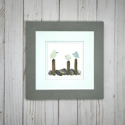 Sea Glass Birds on Posts - Framed Artwork - 8x8