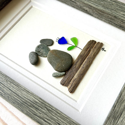 Beach Pebble Dog and Sea Glass Flower - 5-in x 7-in