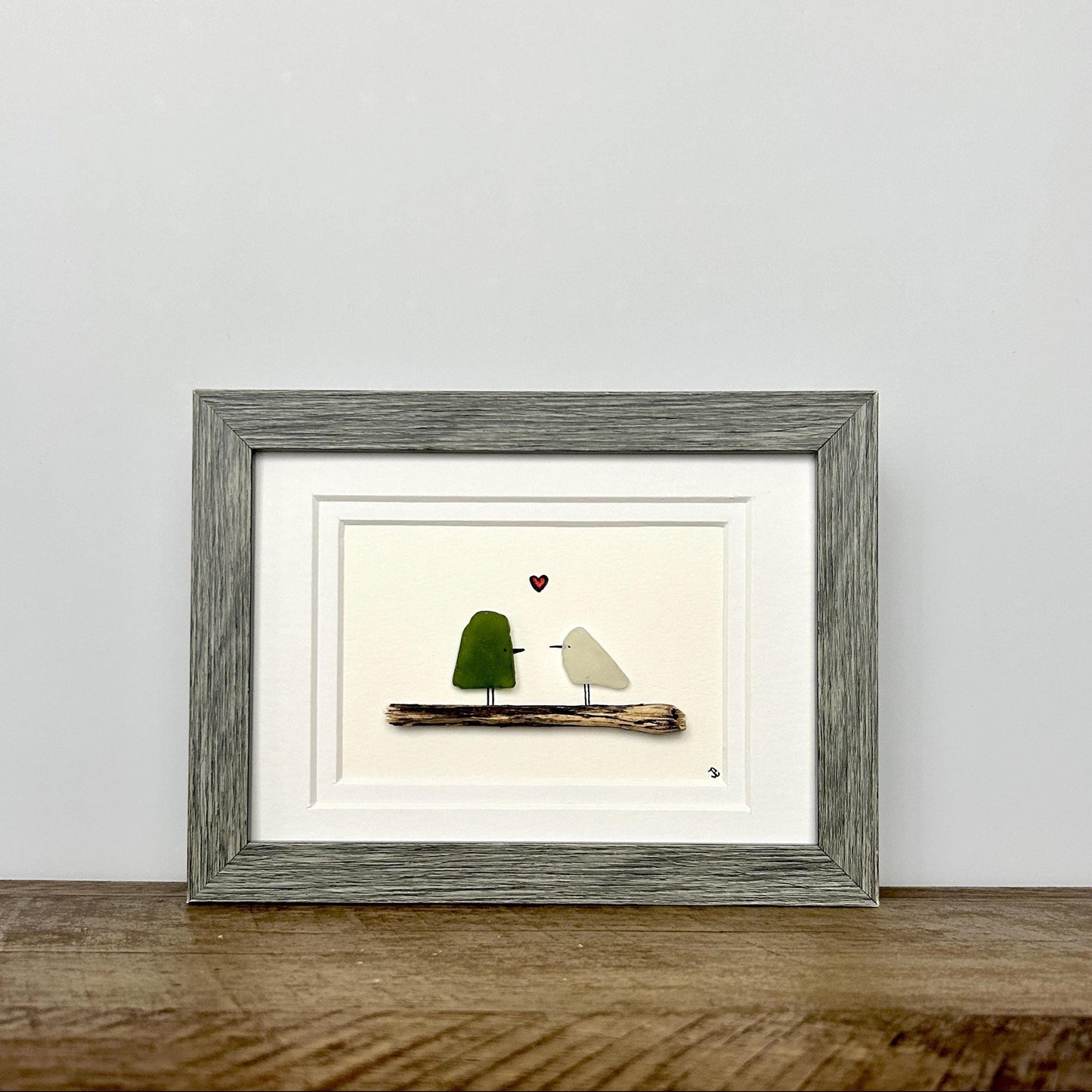 Sea Glass Love Birds - Framed Shadowbox Artwork - 5x7