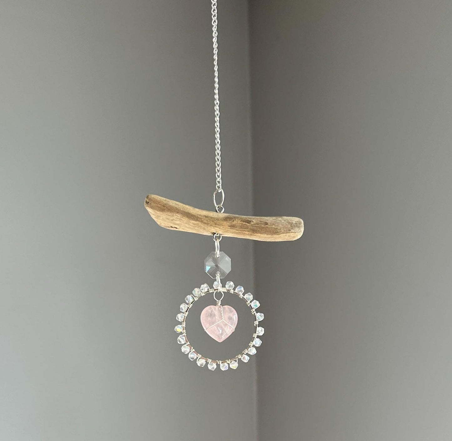 Rose Quartz Heart & Driftwood Suncatcher