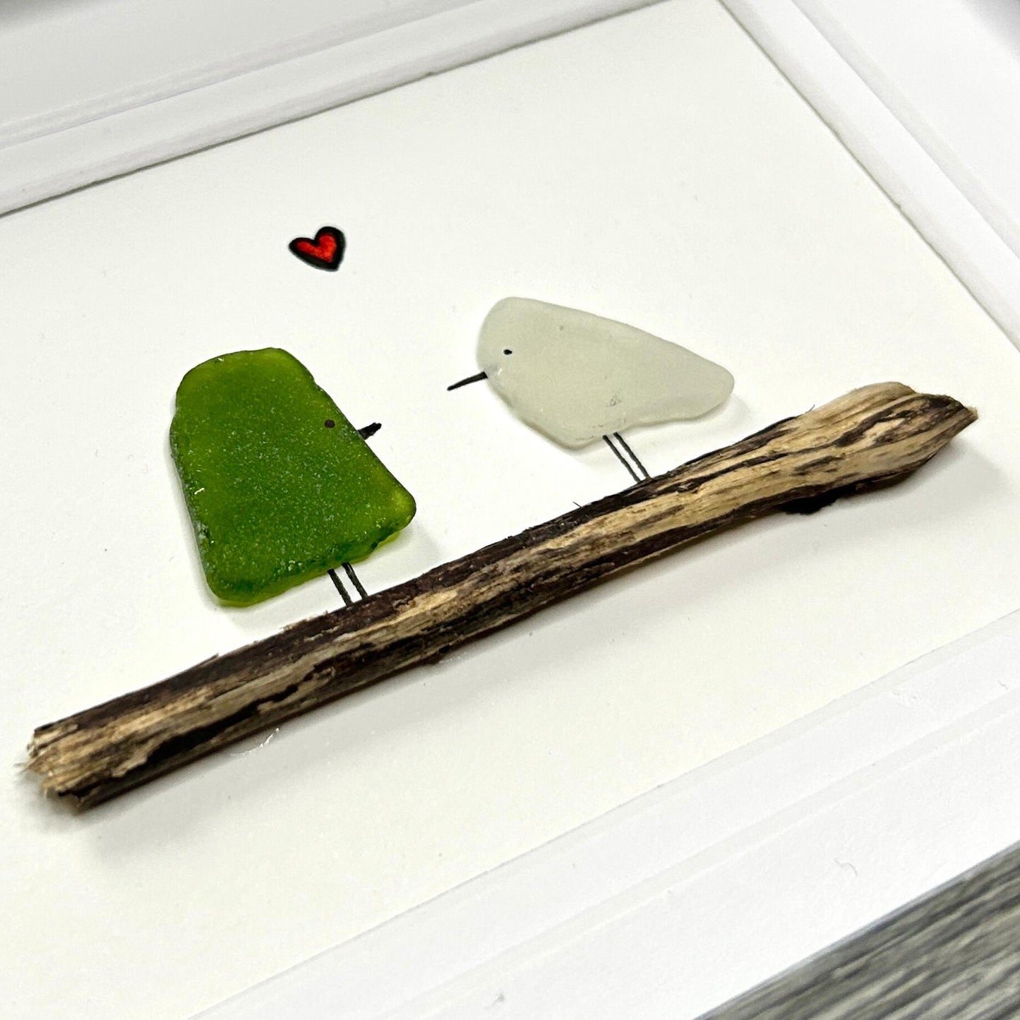 Sea Glass Love Birds - Framed Shadowbox Artwork - 5x7