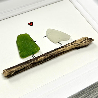 Sea Glass Love Birds - Framed Shadowbox Artwork - 5x7