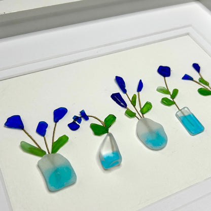 Sea Glass Flowers in Vases - Framed Shadowbox Artwork - 8x10