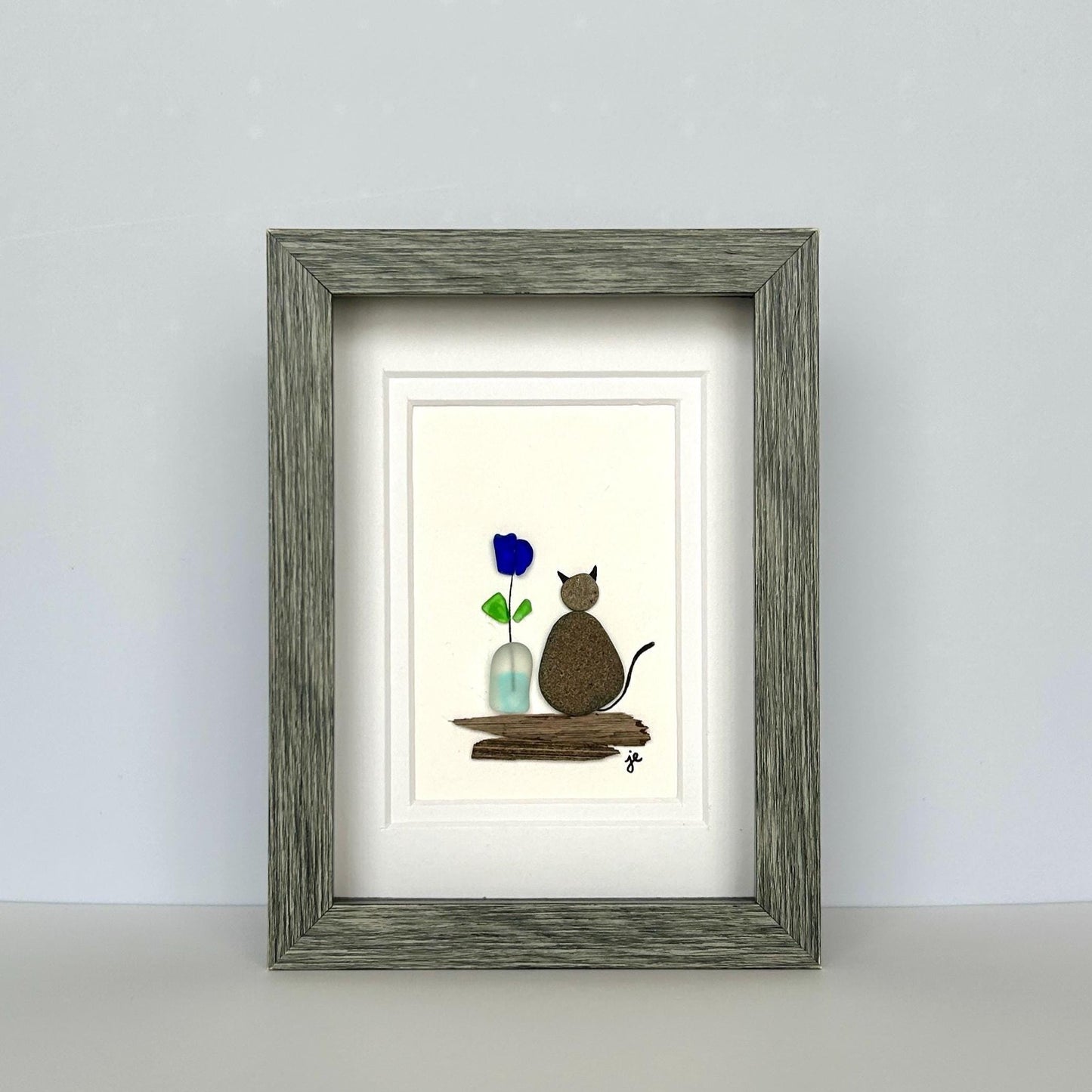 Beach Pebble Cat and Sea Glass Flower - Framed Shadowbox Artwork - 5x7