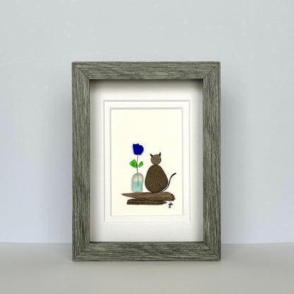 Beach Pebble Cat and Sea Glass Flower - Framed Shadowbox Artwork - 5x7
