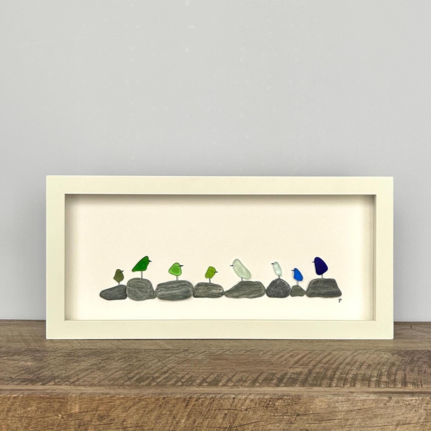 Sea Glass Rainbow Birds on Pebbles - 6-in x 14-in