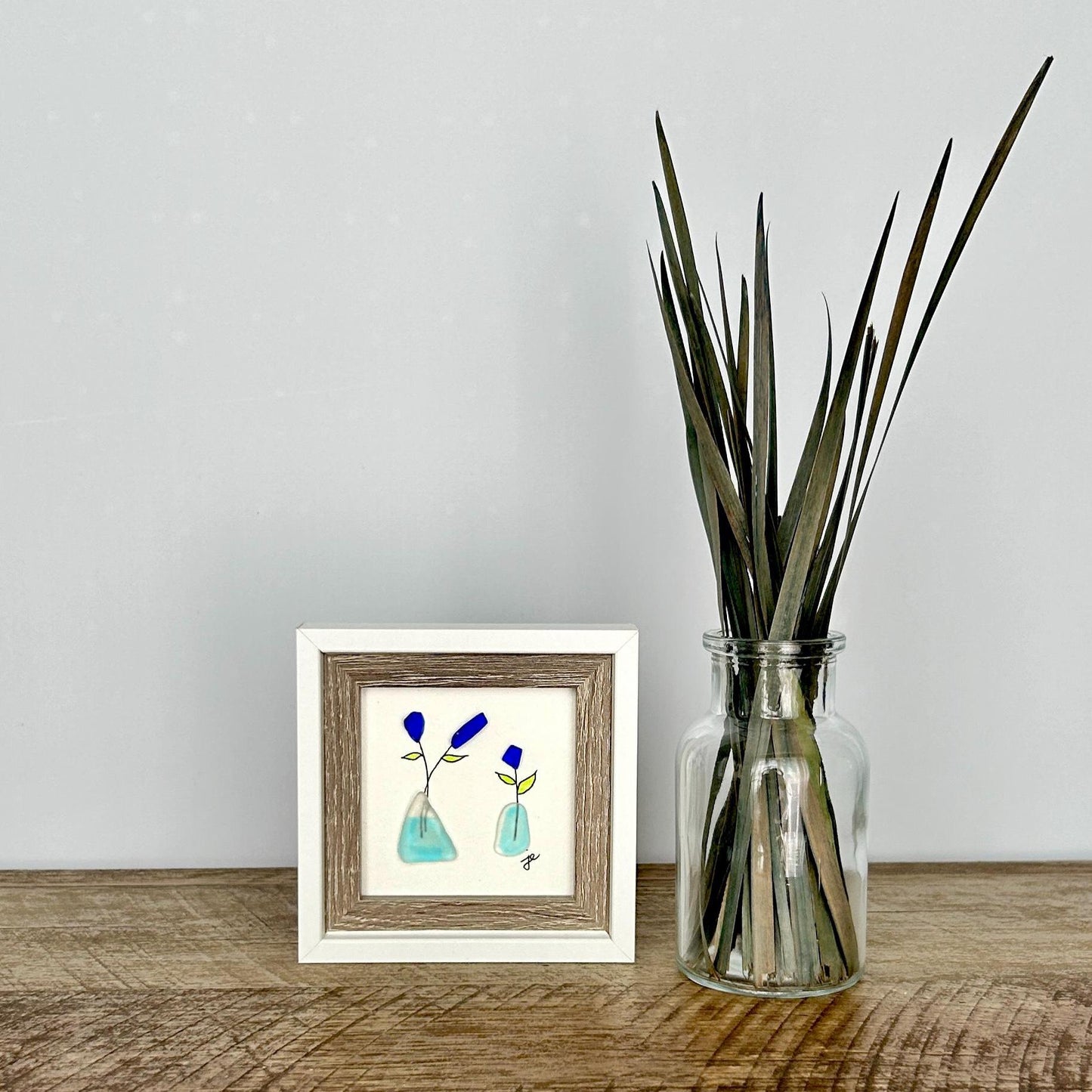 Blue Sea Glass Flowers in Vases - Framed Mini Artwork - 3x3