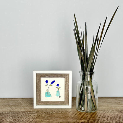 Blue Sea Glass Flowers in Vases - Framed Mini Artwork - 3x3