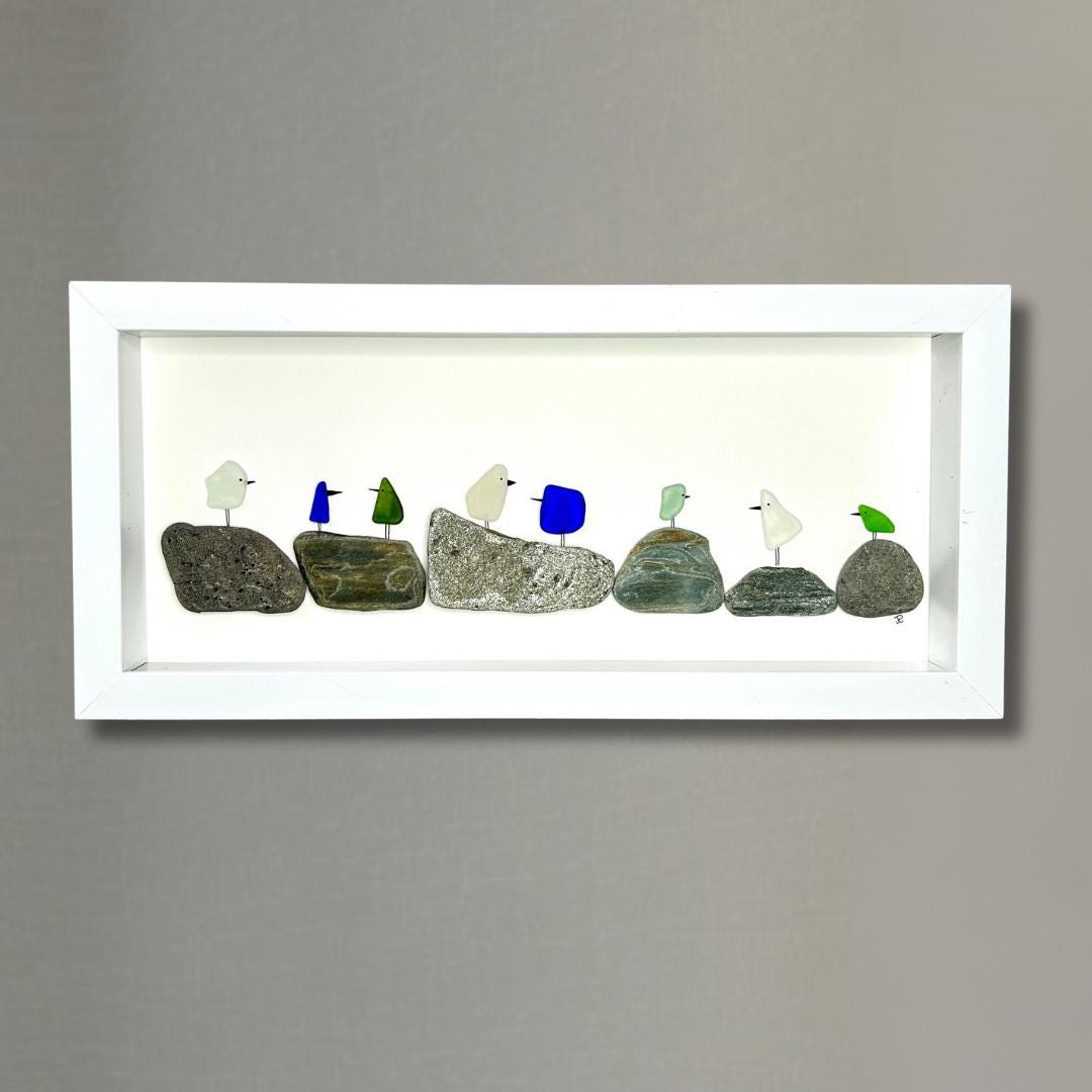Sea Glass Birds on Pebbles - 6-in x 14-in