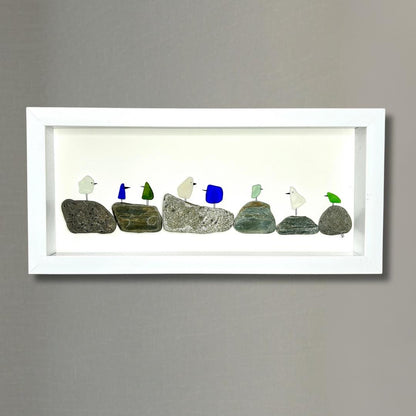 Sea Glass Birds on Pebbles - 6-in x 14-in