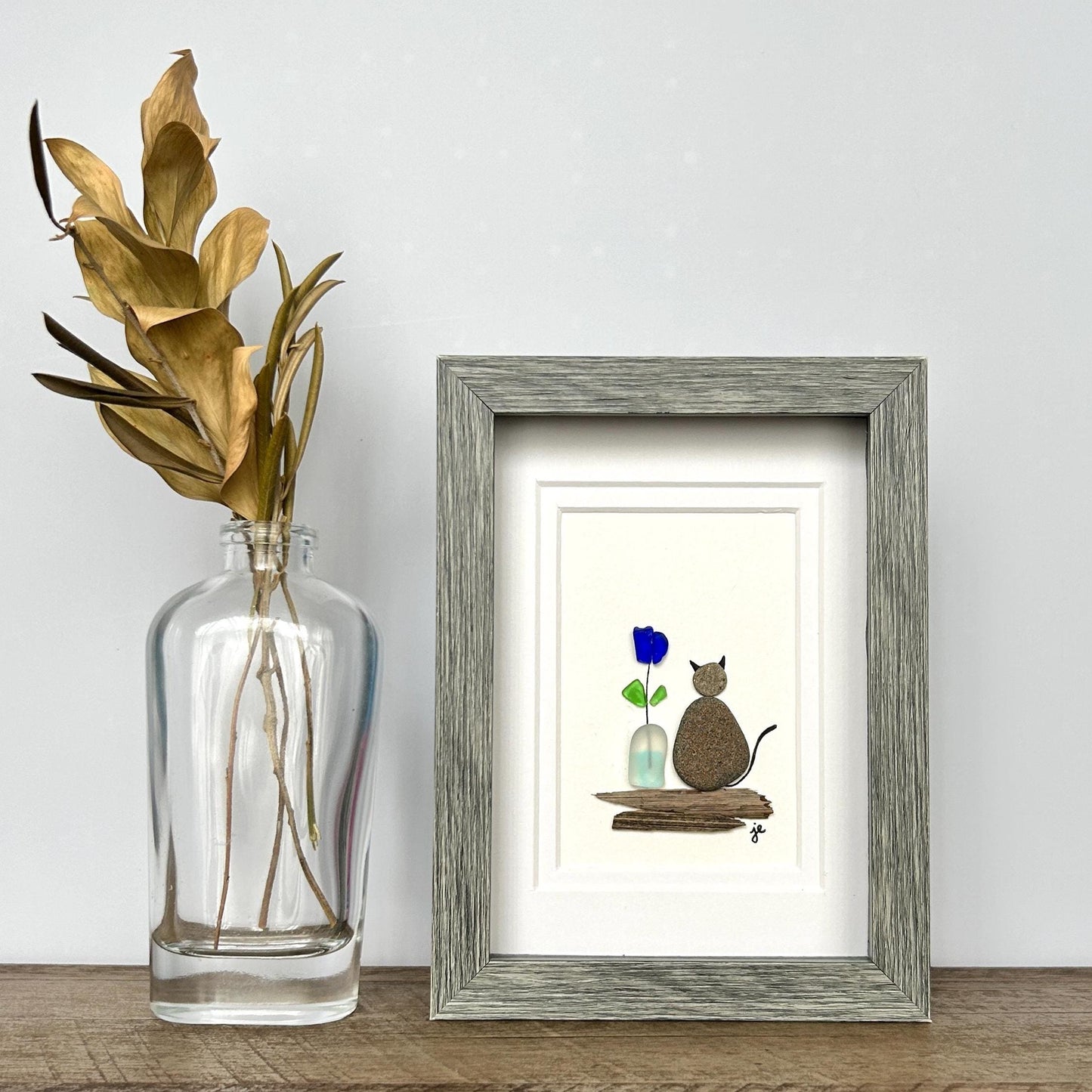 Beach Pebble Cat and Sea Glass Flower - Framed Shadowbox Artwork - 5x7